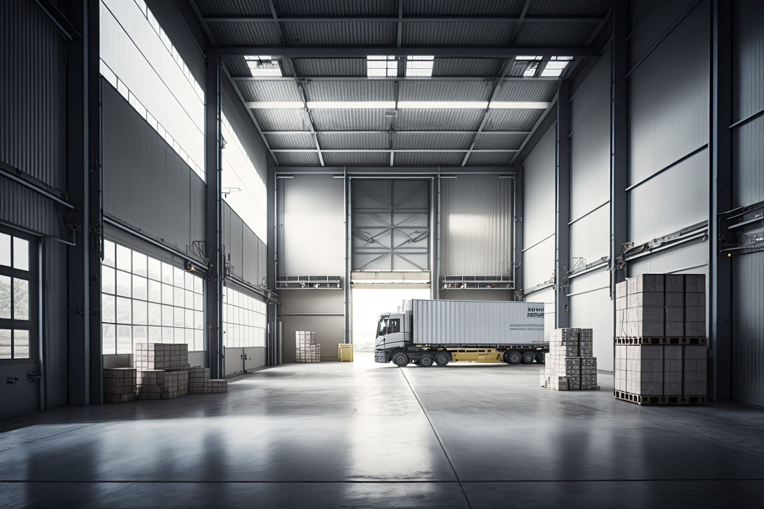 large warehouse with large truck middle it